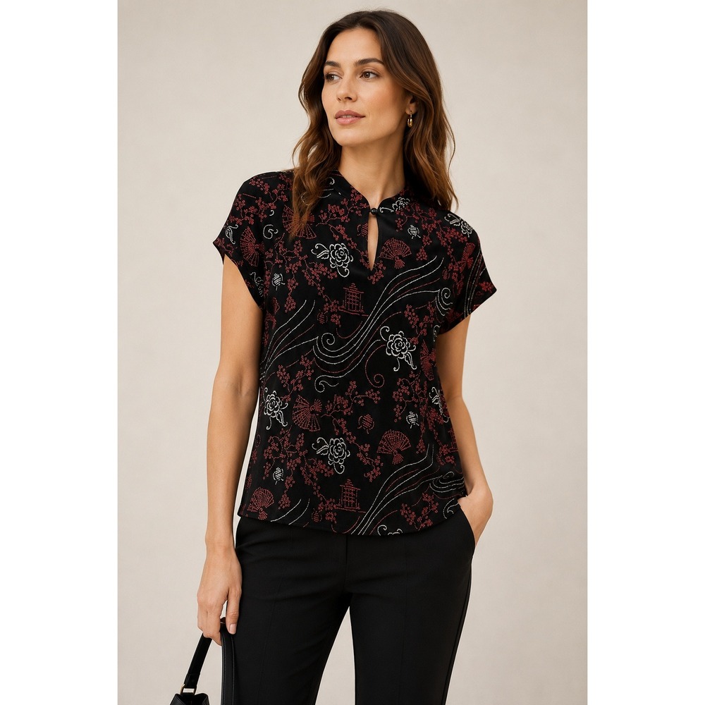 Metaphor Top Women XL Black Red Glitter Chinoiserie Asian Print Keyhole Neck